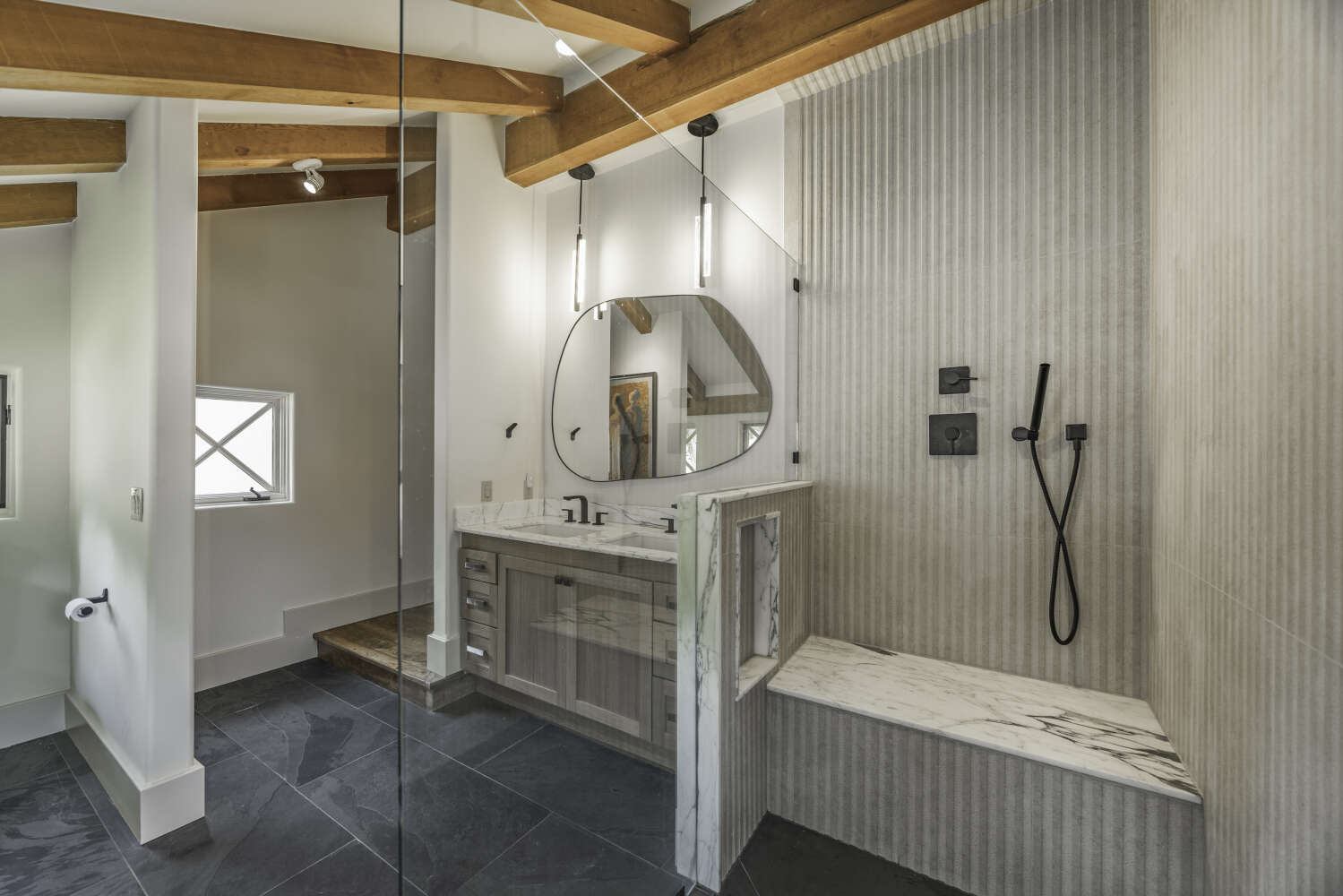 Walk-in shower with fluted tile